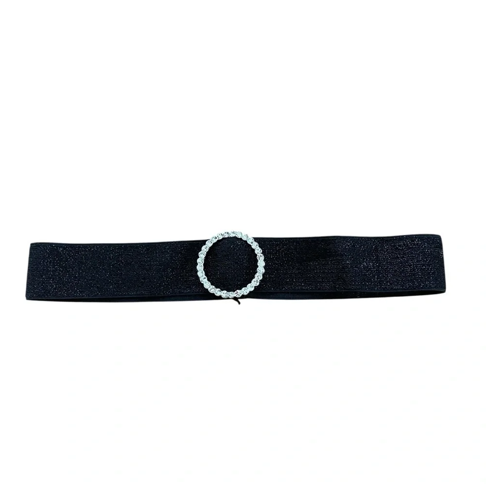By Debra Belt Black Silver Glitter Shimmer CZ Removable Buckle Elastic Stretch